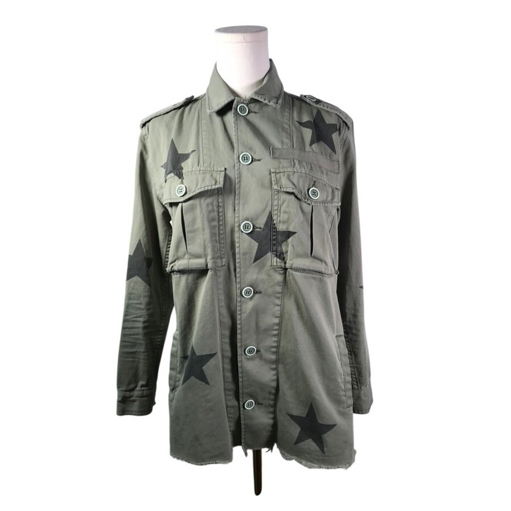 Pistola Womens Olive Green Star Print Military Utility Jacket XS Raw Hem Shacket
